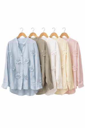 3D Floral Appliqué Button Blouse