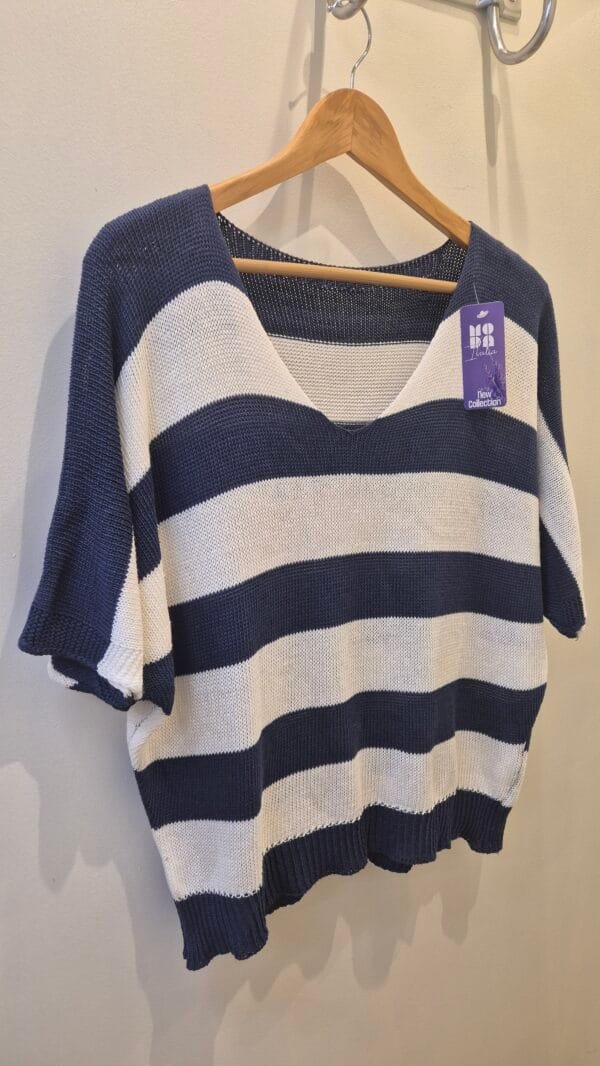 Navy & Cream Striped V Neck Short Sleeve Knit