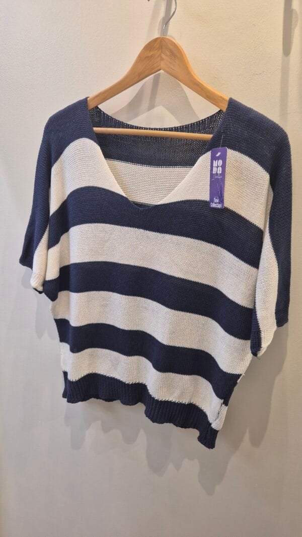 Navy & Cream Striped V Neck Short Sleeve Knit