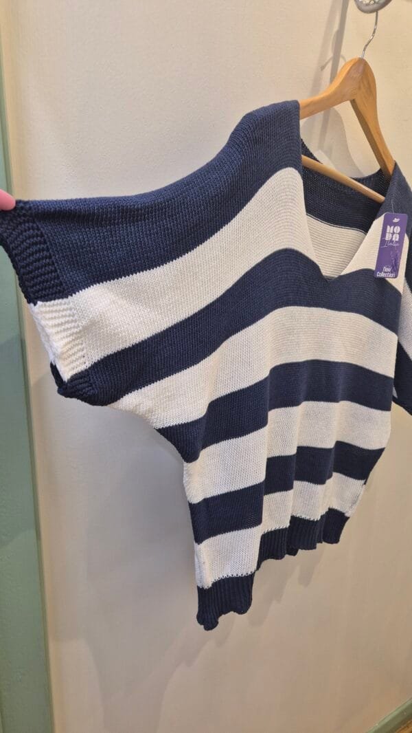 Navy & Cream Striped V Neck Short Sleeve Knit