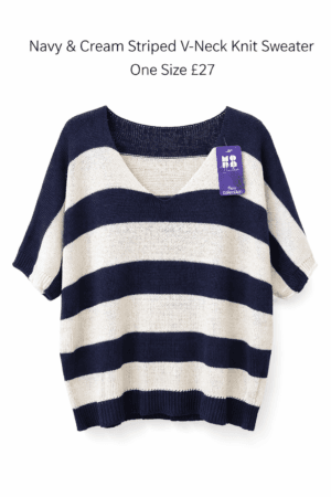 Navy & Cream Striped V Neck Short Sleeve Knit