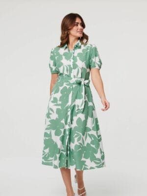 Sage Floral Tie Waist Shirt Dress