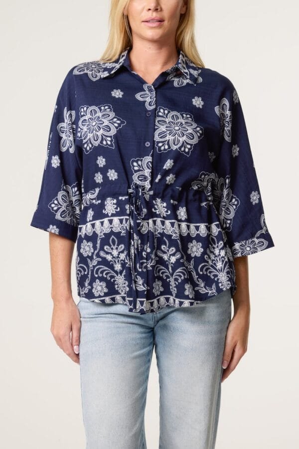 Navy Floral Cinch Tie Shirt