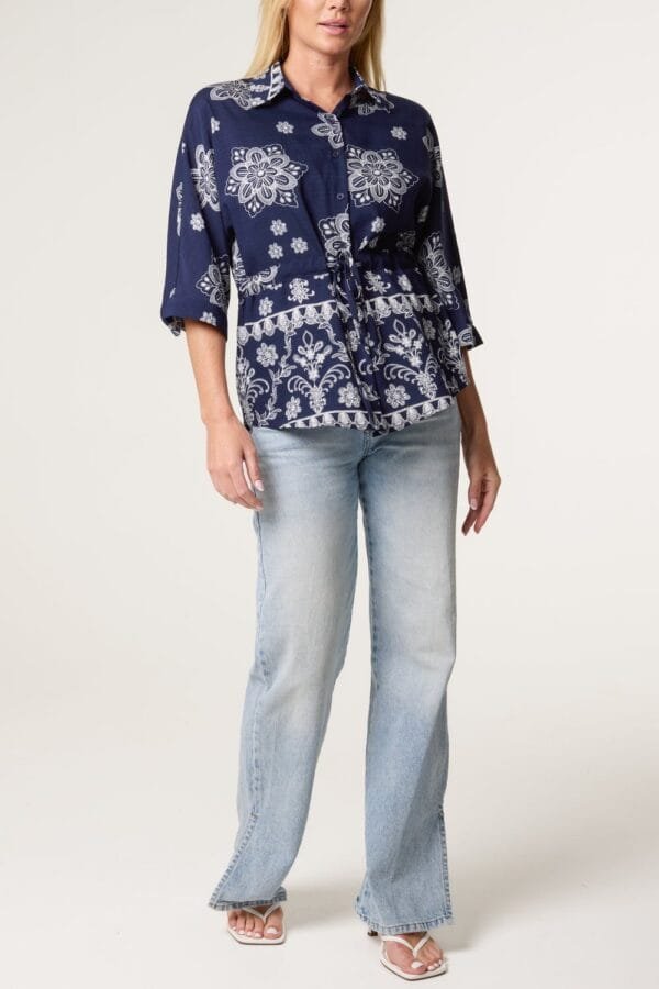Navy Floral Cinch Tie Shirt