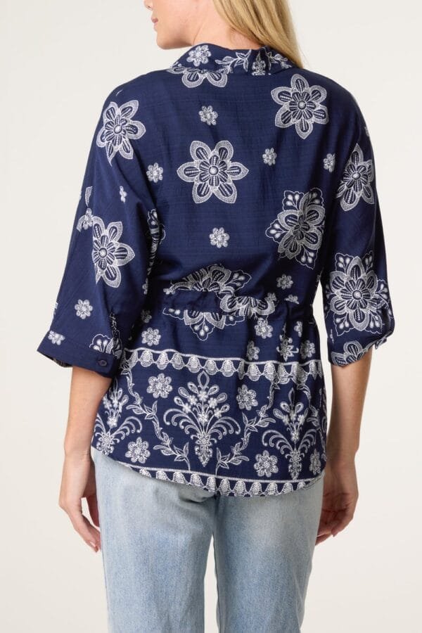 Navy Floral Cinch Tie Shirt