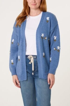 Denim Blue Cardigan With Embroidered Flowers