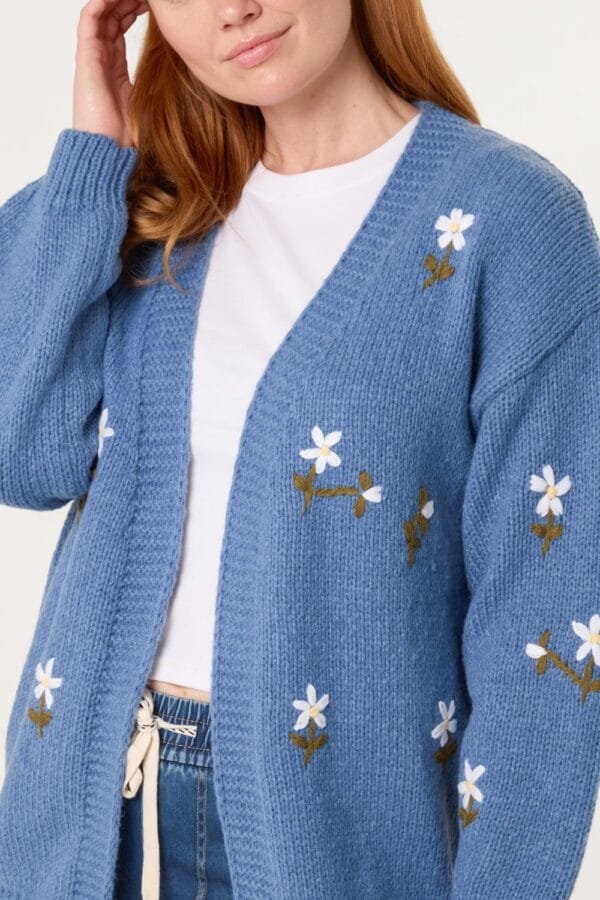 2026/03/1000412058.jpg Denim Blue Cardigan With Embroidered Flowers