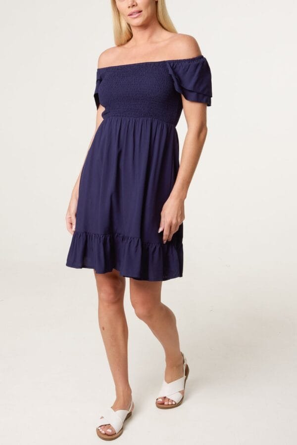 Navy Shirred Bust Smock Mini Dress