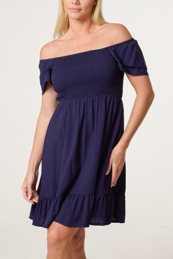 Navy Shirred Bust Smock Mini Dress