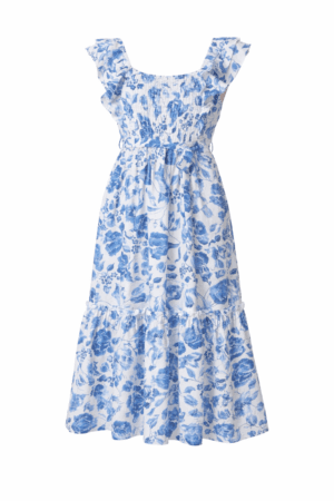 Blue Floral Ruffle Midi Dress