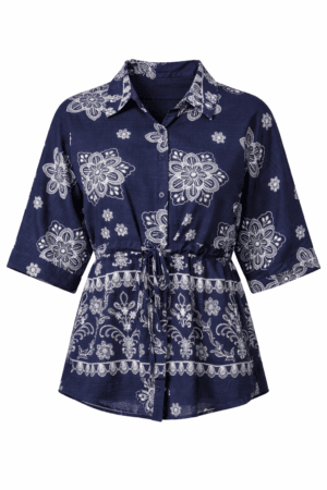 Navy Floral Cinch Tie Shirt