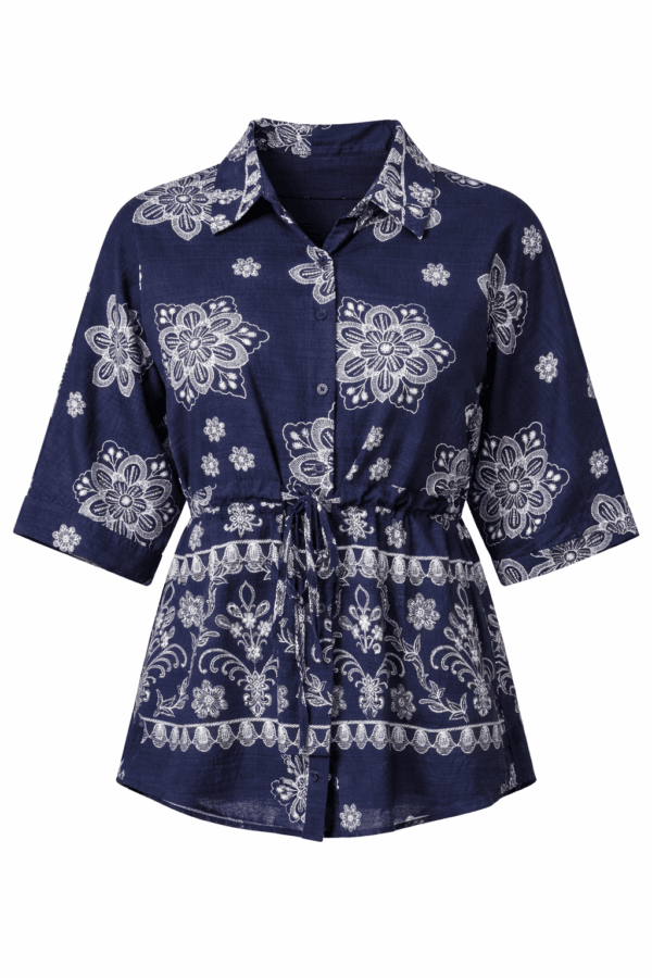 Navy Floral Cinch Tie Shirt