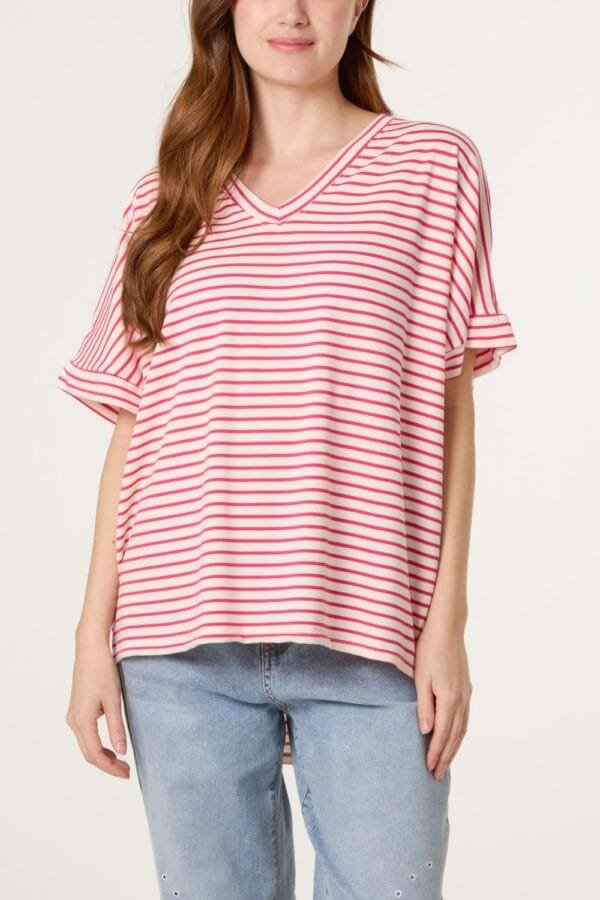 Pink & Blue Cotton Stripe V-Neck Top