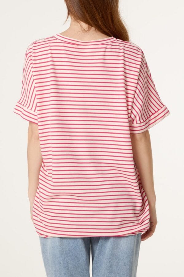 Pink & Blue Cotton Stripe V-Neck Top