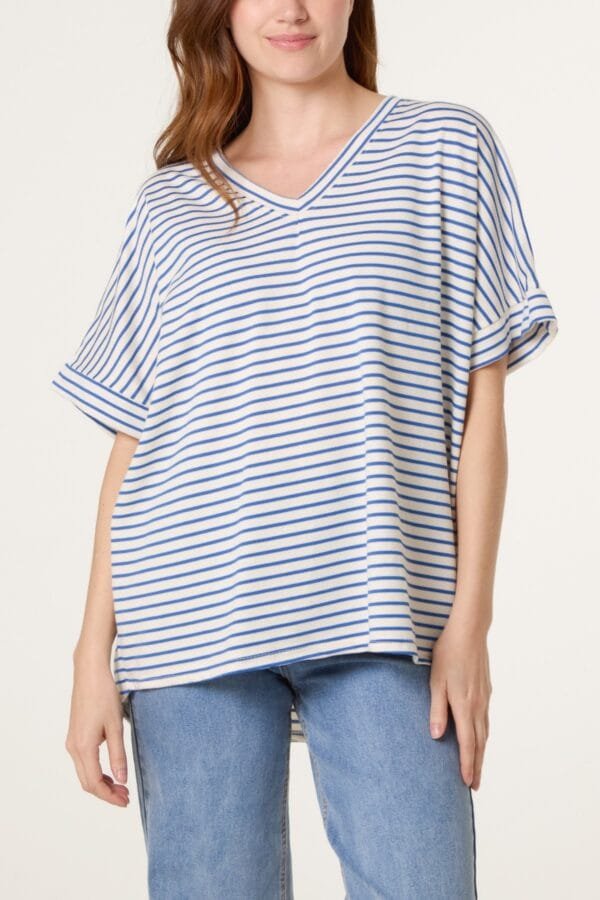 Pink & Blue Cotton Stripe V-Neck Top