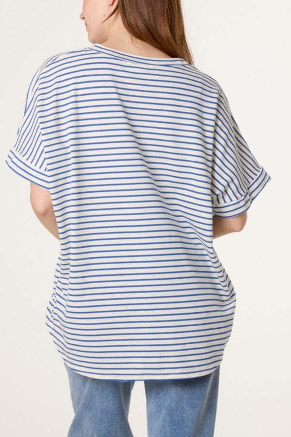 Pink & Blue Cotton Stripe V-Neck Top