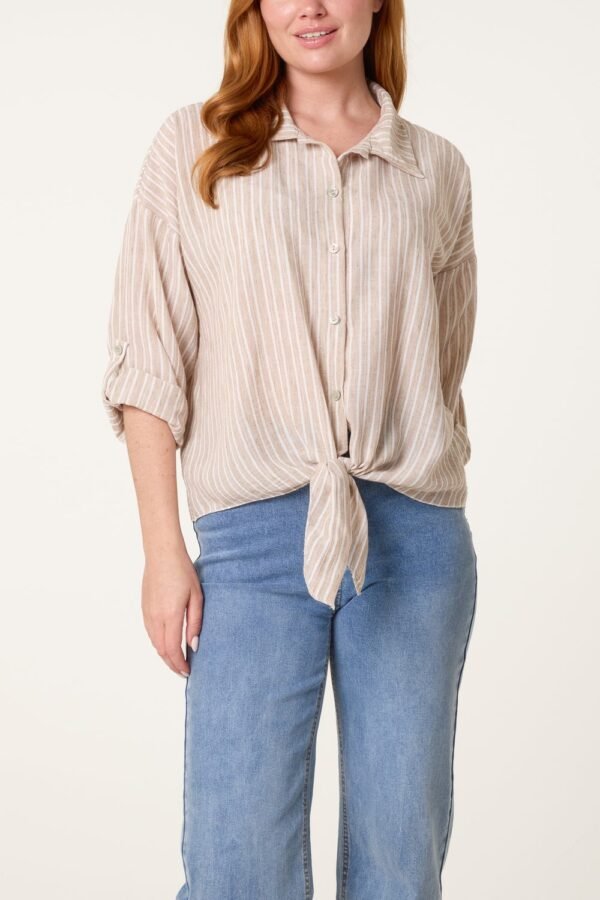 Tie Front Stripe Cotton Blend Shirt