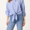 Tie Front Stripe Cotton Blend Shirt