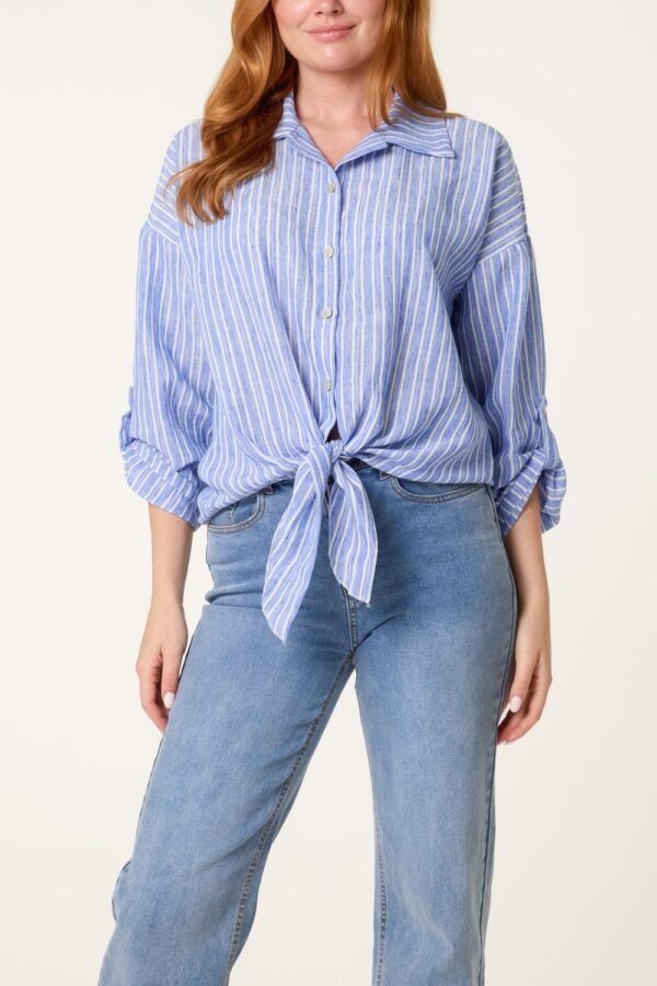 Tie Front Stripe Cotton Blend Shirt