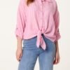 Tie Front Stripe Cotton Blend Shirt