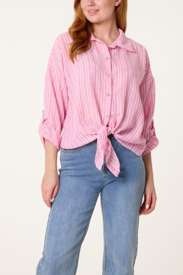 Tie Front Stripe Cotton Blend Shirt