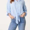 Tie Front Stripe Cotton Blend Shirt