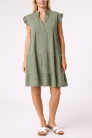 Frill Sleeve Cheesecloth Tiered Dress
