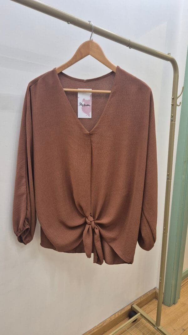 Tan V- Neck Long Sleeve Blouse With Front Tie