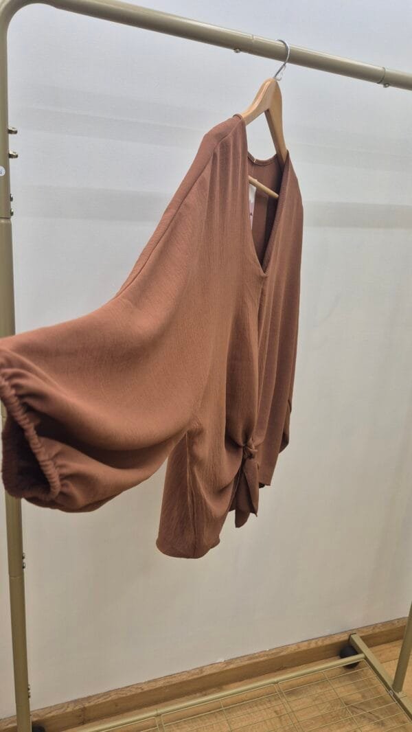 Tan V- Neck Long Sleeve Blouse With Front Tie