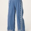 Embroidered Denim Look Wide Leg Trousers