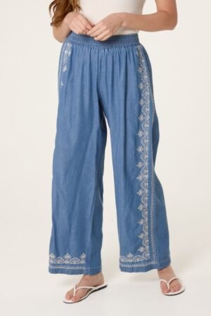 Embroidered Denim Look Wide Leg Trousers