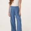 Embroidered Denim Look Wide Leg Trousers
