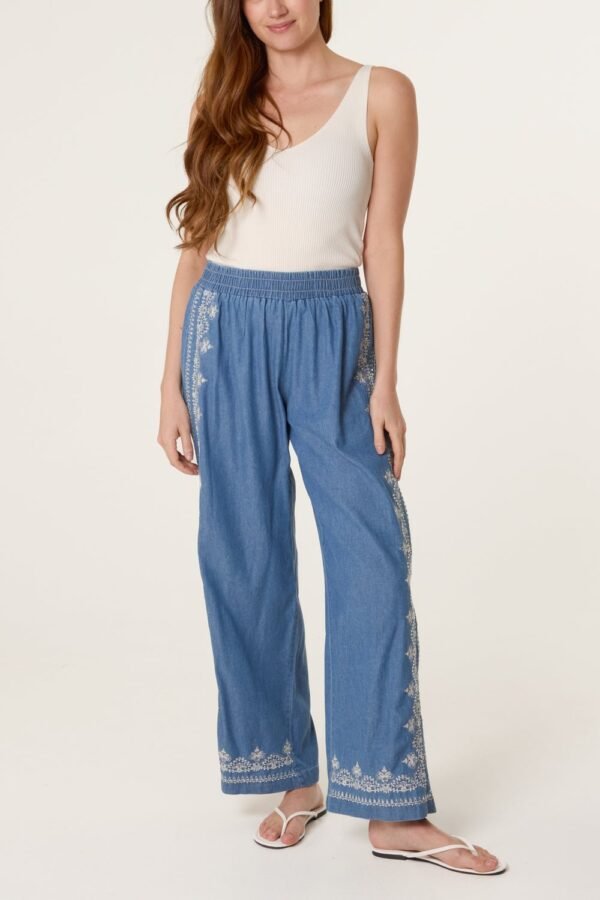 Embroidered Denim Look Wide Leg Trousers