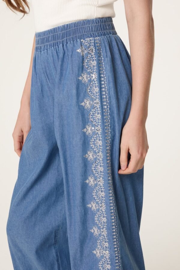 Embroidered Denim Look Wide Leg Trousers