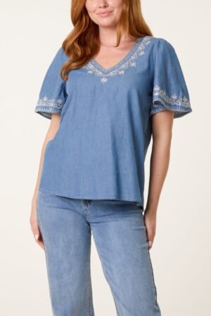 2026/04/1000418317-1.jpg Denim Look Embroidered V-Neck Blouse