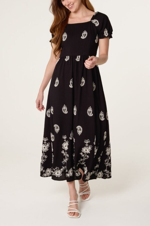 Black Embroidered Midi Dress