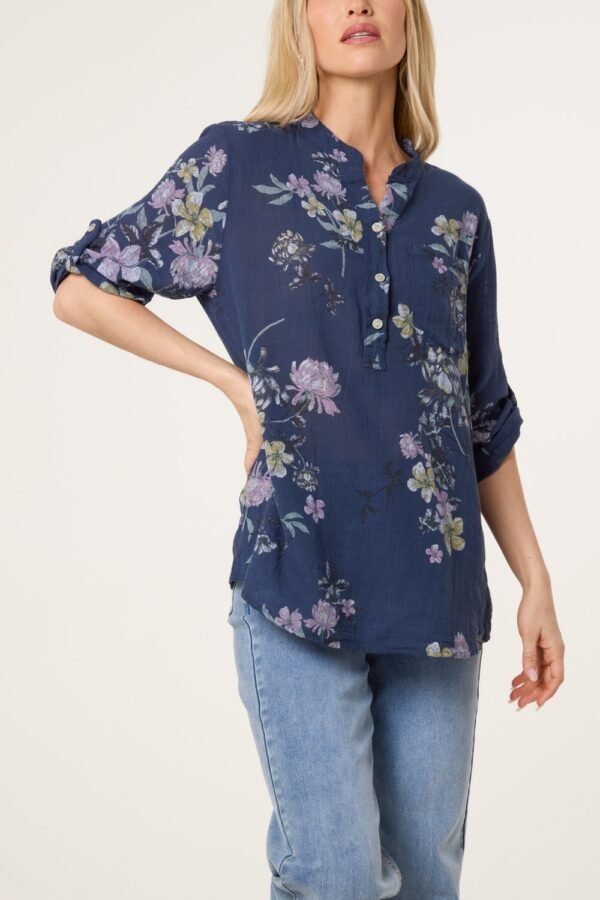 Grandad Collar Floral Cotton Blouse