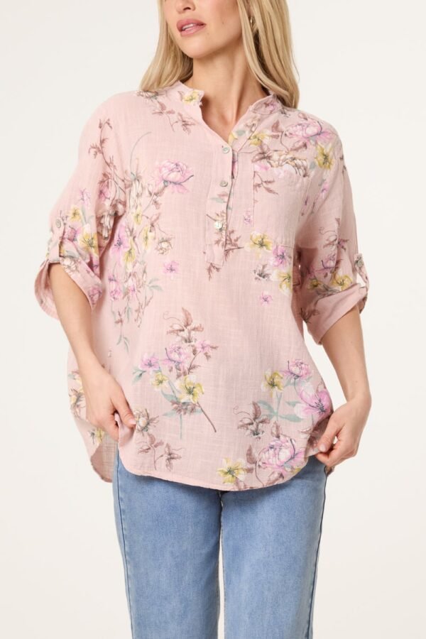 Grandad Collar Floral Cotton Blouse