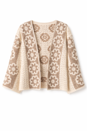 Floral Wide Sleeve Crochet Cardigan – Mocha