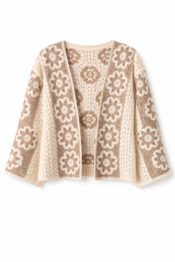 Floral Wide Sleeve Crochet Cardigan – Mocha