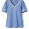 Denim Look Embroidered V-Neck Blouse