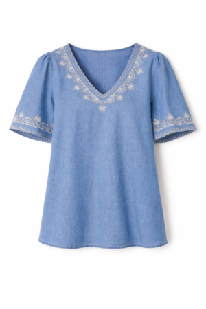 Denim Look Embroidered V-Neck Blouse