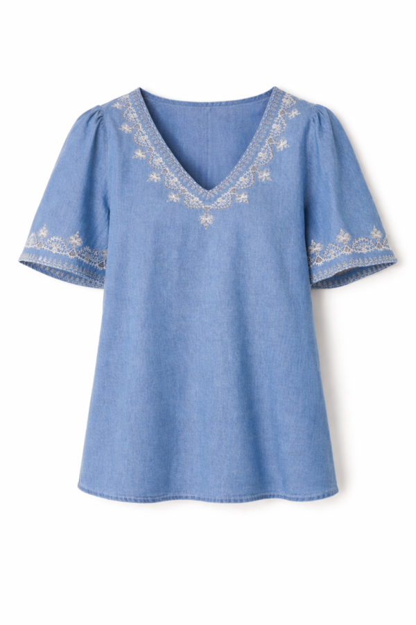 Denim Look Embroidered V-Neck Blouse