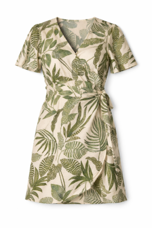 Green Leaf Print Wrap Dress