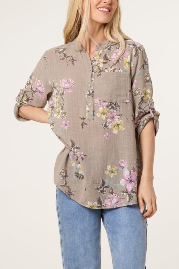Grandad Collar Floral Cotton Blouse