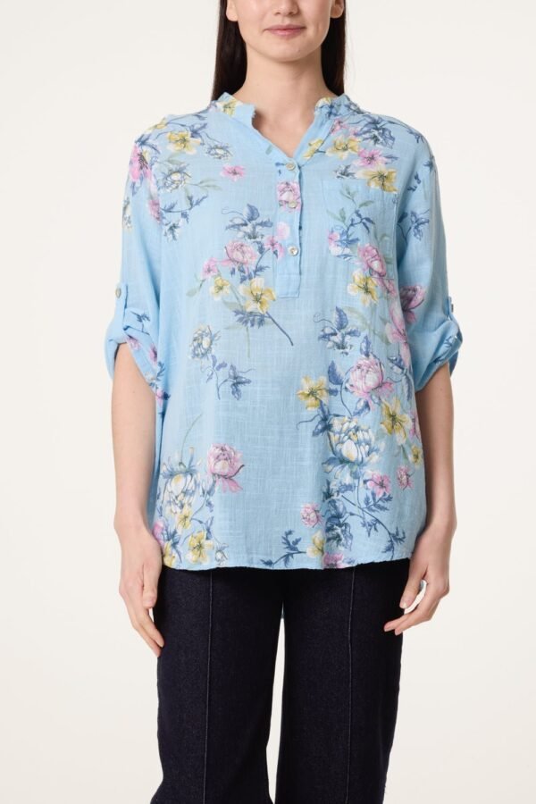 Grandad Collar Floral Cotton Blouse