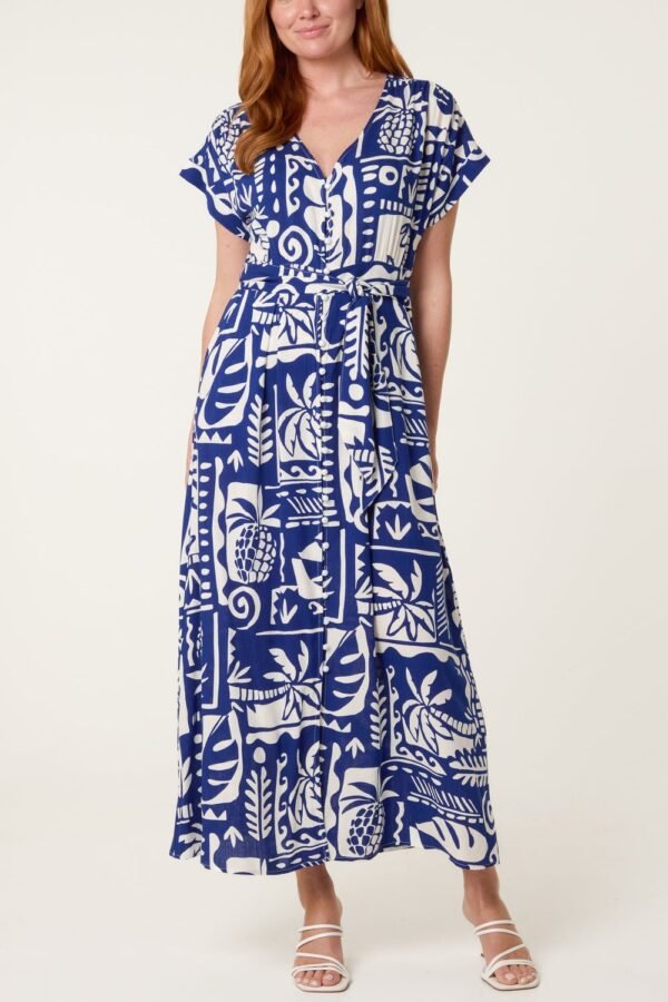 Blue & Cream Printed Button-Through Midi Dress