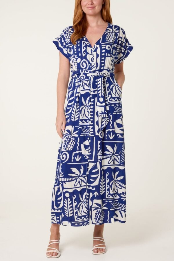 Blue & Cream Printed Button-Through Midi Dress