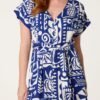 Blue & Cream Printed Button-Through Midi Dress