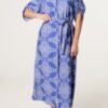 Blue Printed Tie Waist Shirt Dress